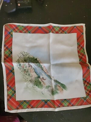 Vintage Scotland Souvenir Hanky Tartan Plaid Edge  Screen Print Cottage Deer - Image 1 of 4