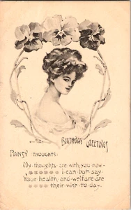 Vintage Postkarte Geburtstag Grüße Stiefmütterchen Gedanken Gibson Mädchen Stil F. Haass - Bild 1 von 2