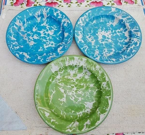 1930 Vintage Old 3 Pcs Blue White Green Shade Design Enamel Painted Plate IE48 - Picture 1 of 8