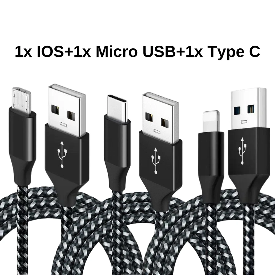 Lote 1/3x Cabo Trançado Carregamento Rápido Cabo de Dados 10 Pés Para iPhone Tipo-C Micro USB - Imagem 1 de 4