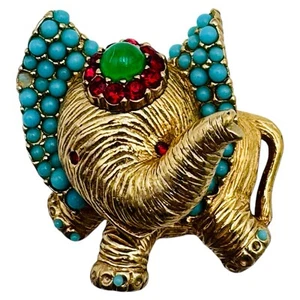 CINER Jeweled Baby Elephant Brooch Turquoise Ruby & Jade Rhinestone Crown VTG - Picture 1 of 11