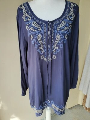 Forgotten Grace Top Women XL Blue Gray Embroidered Pullover Button BOHO Hippie - Image 1 of 4