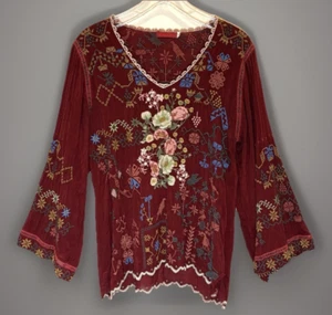 Johnny Was Tunic Top Womens S Red Embroidered Floral Hippie Festival Boho Artsy - Picture 1 of 11