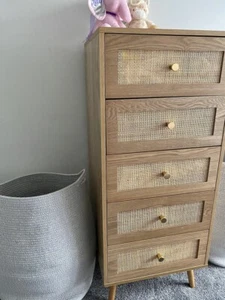 Rattan Chest of 5 Drawer Tall Sideboard Vintage Side Cabinet Storage Dresser NEW - Picture 1 of 8