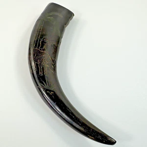 Vintage Scrimshaw Wasserbüffelhorn handgeschnitzt asiatischer Mann Flöte Antik Kunst - Bild 1 von 24