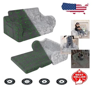 Kids Extra Wide Fold-Out Couch - Dark Grey Soft Sofa with Fun Glow Feature - Picture 1 of 8