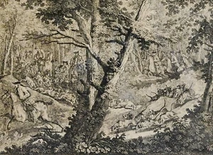 Johann E Ridinger (1698-1767) Kupferstich 1756: DER HIRSCH WIRD VON DEM PIQUER  - Bild 1 von 10