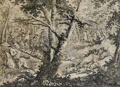 Johann E Ridinger (1698-1767) Kupferstich 1756: DER HIRSCH WIRD VON DEM PIQUER  - Bild 1 von 4