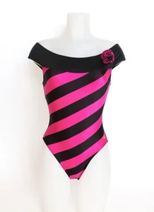 Traje de baño/bañador vintage de una pieza - Años 80 - Rayas negras rosas - S/Reino Unido 10 - Imagen 1 de 7