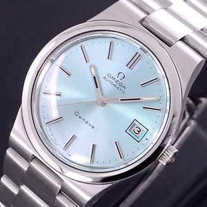 VINTAGE OMEGA GENEVE AUTOMATIC CAL.1012 SKY BLUE DIAL DATE MEN'S WATCH - Picture 1 of 11
