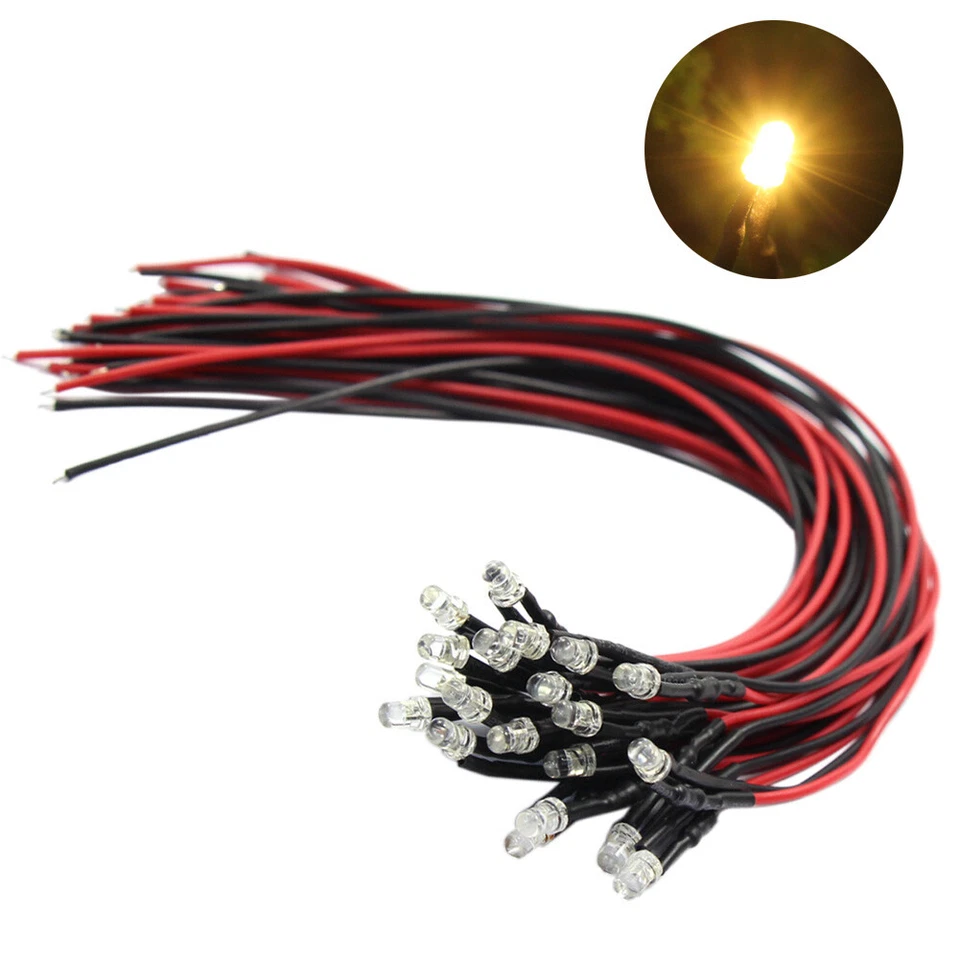 20pcs Pre-wired Resistor 26awg 20cm Wire Warm White 3mm LED Light Lamps 12V - Image 1 of 4