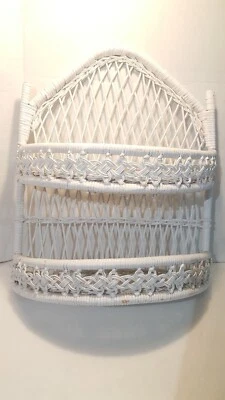 Vintage White Wicker 2 Shelf  Curved Wall Display Cabinet  - Image 1 of 4