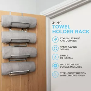 OVER DOOR 2 in 1 TOWEL RAIL HANGING HOLDER STORAGE CHROME BATHROOM ORGANISER - Picture 1 of 8