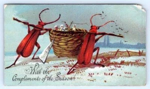1800's *COCKROACHES CARRYING A BASKET OR NEST*BIRDS*COMPLIMENTS OF THE SEASON - Picture 1 of 2