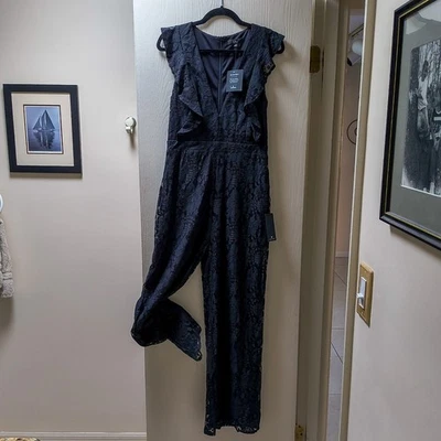 NWT Women's Medium Black Lace Romper 1-Piece Holiday Jumpsuit LULU'S V-Neck - Image 1 of 4