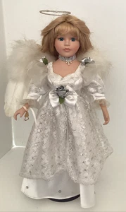 Vintage 17" Silver and White Christmas Angel Porcelain Doll Rose - Picture 1 of 9