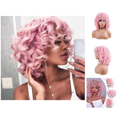 女士蓬松大卷发粉红色合成假发 - 可调卷发鲍勃假发 — 第 1/4 张图片