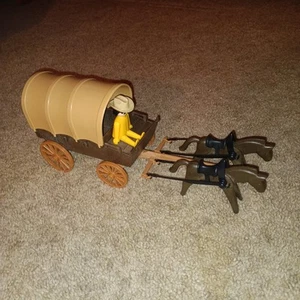 VINTAGE 1970s PLAYMOBIL WESTERN COVERED WAGON, COWBOY, HORSES, - Picture 1 of 8
