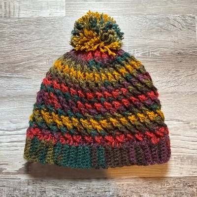 Hecho a mano Grueso Tejido Pom Gorro Sombrero Multicolor Arco Iris Otoño Retro Acogedor Foto 1 de 4