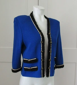 St. John Marie Gray Blue Santana Knit Open Front Logo Buttons Jacket sz 4 - Picture 1 of 11