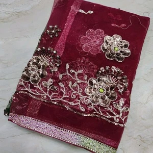 Vintage Indian Long Dupatta Floral Scarf Hand Embroidery Tissue Net Veil Stole - Picture 1 of 7