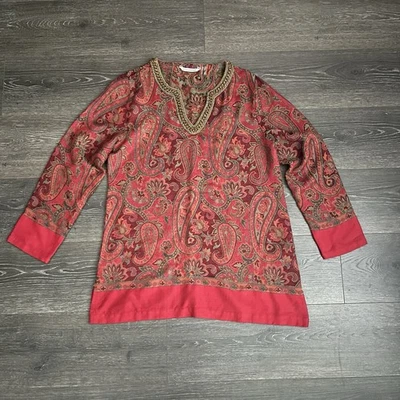 Túnica tapiz Pasha Soft Surroundings mediana cachemira rojo dorado ribete mezcla de lana Foto 1 de 4