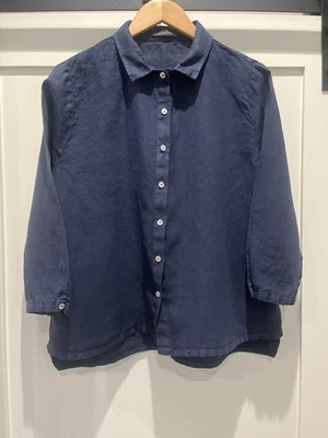 Camisa abotonada CORTE SUELTA azul marino 100 % lino LAGENLOOK - grande para mujer Foto 1 de 4