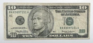 Ten Dollar Federal Reserve Note 1999 A1 Circulated - Picture 1 of 2