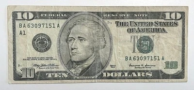 Ten Dollar Federal Reserve Note 1999 A1 Circulated - Image 1 of 2