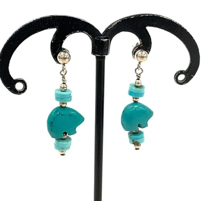 Висячие серьги из чистого серебра с бирюзой медведь фетиш бисер 2,56 г - Изображение 1 из 4