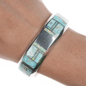6.375" Jerry Nelson Navajo silver Opal and Turquoise channel inlay cuff bracelet - Picture 1 of 10