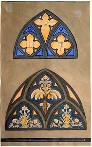 OOAK 19C English 2 Sided Drawing and Watercolor Peony Stained Glass Architecture - Picture 1 of 24