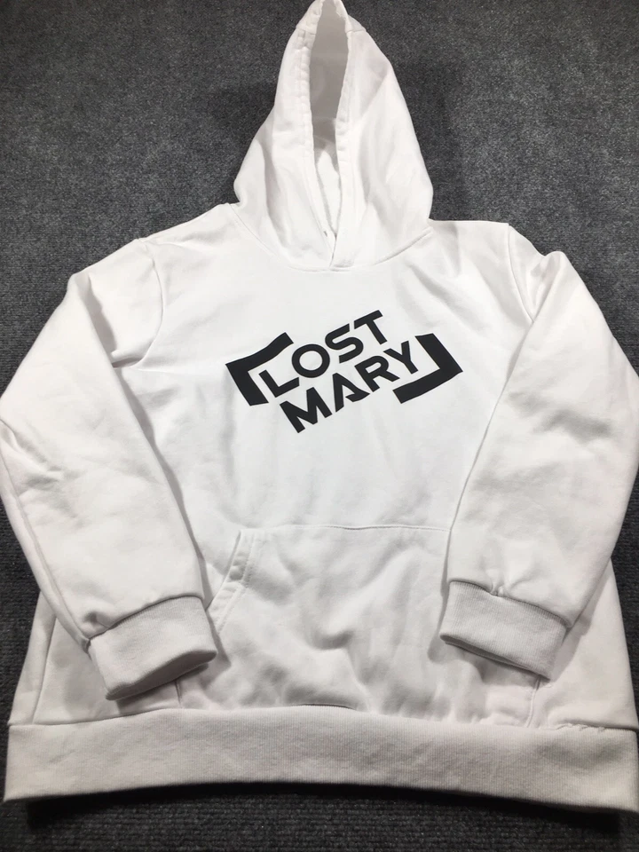 Sudadera con Capucha Lost Mary Grande Blanca con Negro 2 Caras Logo Gráfico Pullover Cordón Foto 1 de 4
