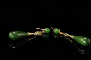 PENDIENTES COLGANTES VINTAGE CHINOS ESPINACAS JADE GOTA ORO RELLENO LAEF BR - Imagen 1 de 4