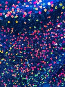 Mia's Fabrics Iridescent Rainbow Sequins on Royal Blue Stretch Velvet Fabric - Picture 1 of 5