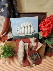 VINTAGE PRIMITIVE COLONIAL STYLE SHIP SAILS JULY 4 PATRIOTIC AMERICA PRINT SIGN - Picture 1 of 7