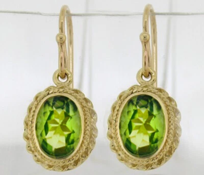 E066 Genuine 9K or 18K Gold Natural Oval Peridot 3.00ct Drop Earrings Twisted - Image 1 of 2