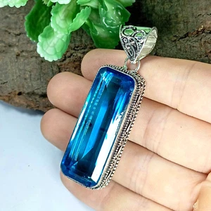 Ciondolo pietra preziosa fatta a mano topazio blu argento sterling 925 ciondolo gioiello - Foto 1 di 5