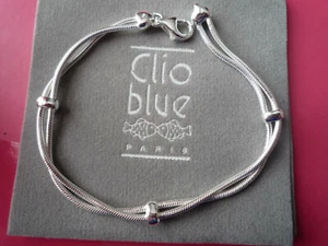 BRACELET "CLIO BLUE" ARGENT/MAILLE SERPENT/2 RANGS/5 ANNEAUX/NEUF/POCHON GRIFFE - Imagen 1 de 1