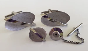 Vintage Atomic Oval Cufflinks Tie Pin Textured Silver Tone Set - Picture 1 of 5