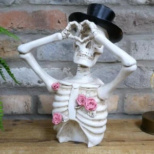 Skeleton Crafted Resin Ornament Love Heart Rose Pink Top Hat Bust Ornament - Picture 1 of 3