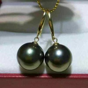 Genuine natural AAAAA 10-11mm Tahitian black pearl earrings 14k gold - Foto 1 di 5