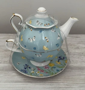 Grace Teegeschirr Set Frühlingsblumen mit Schmetterlingen feines Porzellan Tea For One - Bild 1 von 7