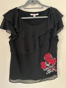 Jacques Vert Top Size 18 Black Embroidered Floral Beaded Chiffon Summer Wedding - Picture 1 of 7