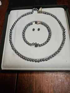 Freshwater Cultured Peacock/Black Pearl Necklace+Bracelet+Stud Earrings 14k - Picture 1 of 2