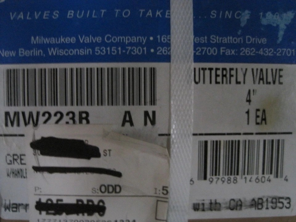 NEW MILWAUKEE VALVE COMPANY MW223B AN  4" BUTTERFLY VALVE - Image 1 of 1