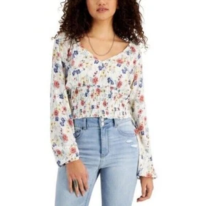 Self Esteem Juniors Floral-Print Surplice Smocked-Hem Top,Small - Picture 1 of 4
