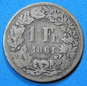 Switzerland 1 Franc Silver Coin 1861, KM-9a, Combined Shipping - Picture 1 of 2