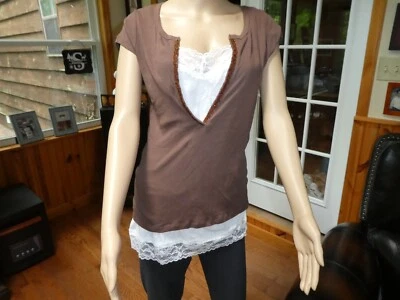 Llave de cobre ~ adorno de algodón marrón y blanco. Túnica/top en capas~L~Cuentas/Lentejuelas~E/U/C Foto 1 de 4