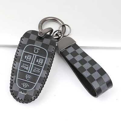 Black Leather For 2020 2021 Hyundai Sonata Nexo 7 Buttons Key Fob Bag Cover Case - Image 1 of 4